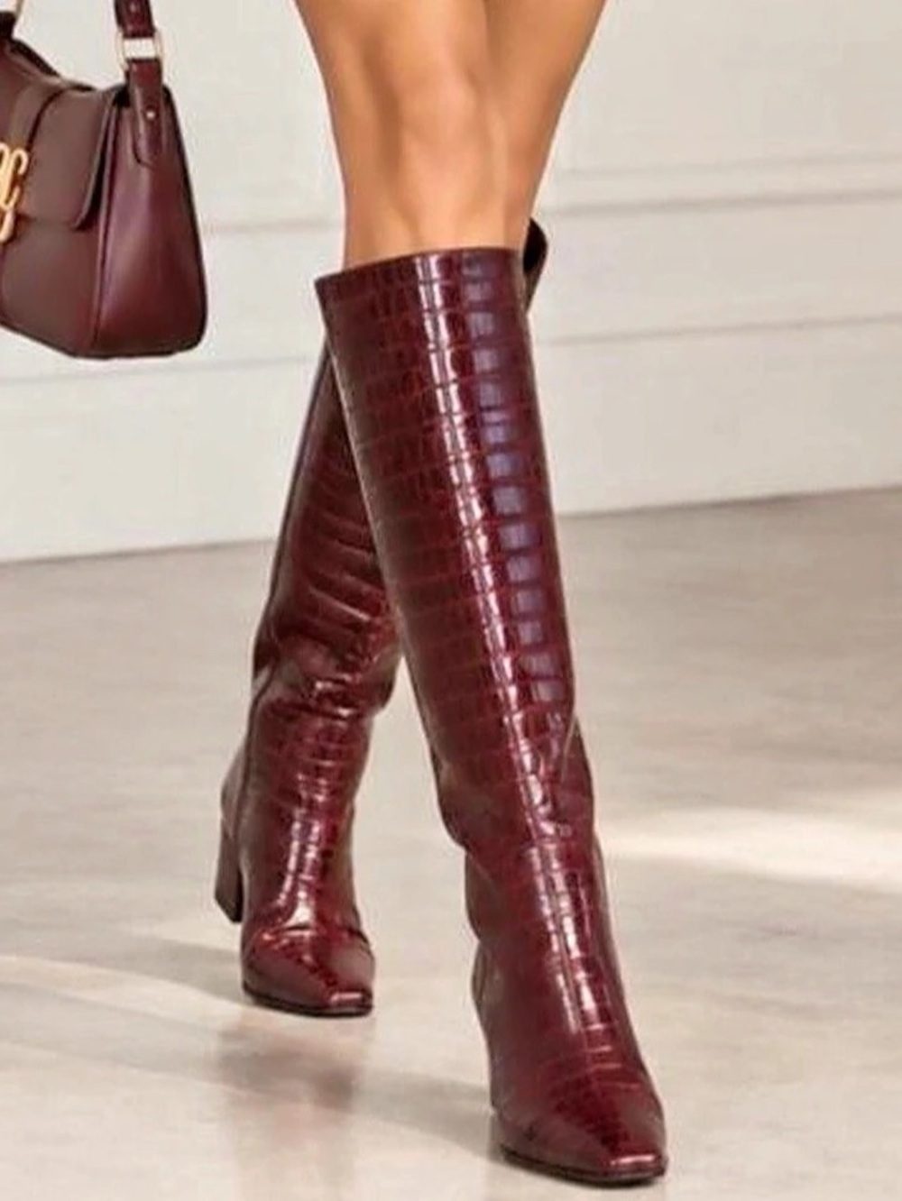 Veronica Beard Crocodile-Embossed Heeled Boots in Burgundy/Red Brown